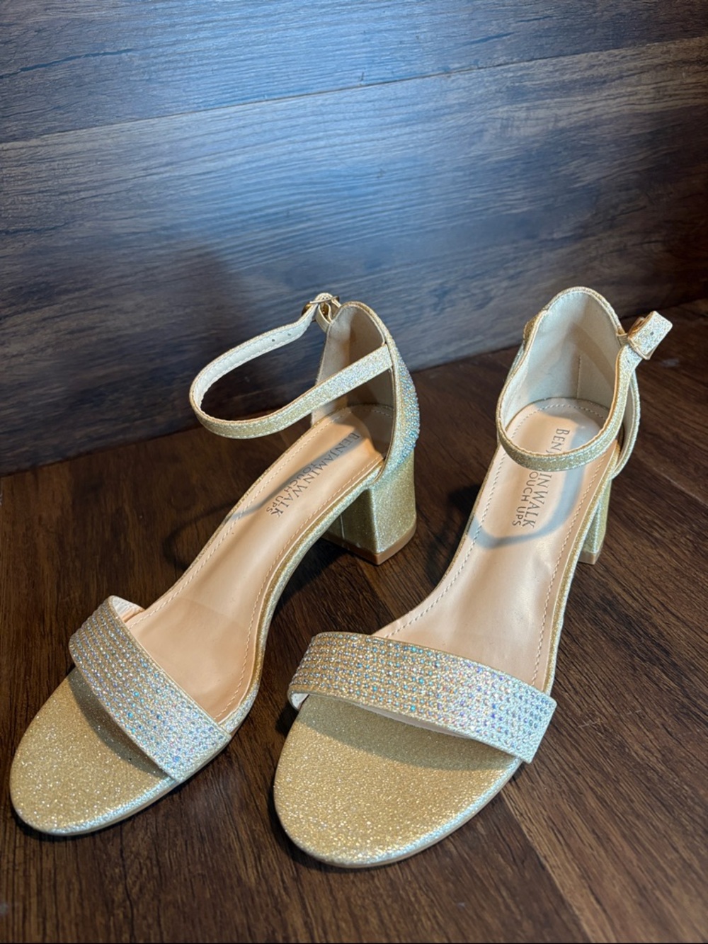 Benjamin Walk Gold Glitter Block Heel Sandals with Ankle Strap Size 6.5